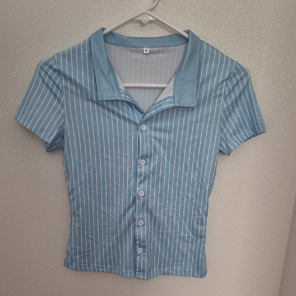 Light Blue Striped Button-Up Women's Top